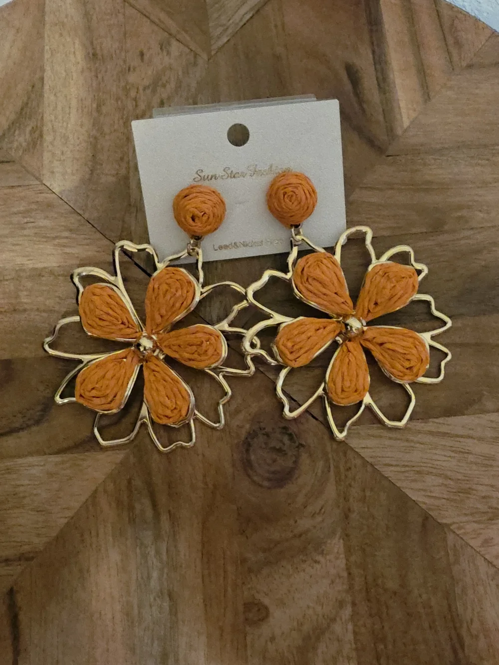 Floral Rafia With Gold-Tone Metal Accents, Drop Earrings, Orange, NWT